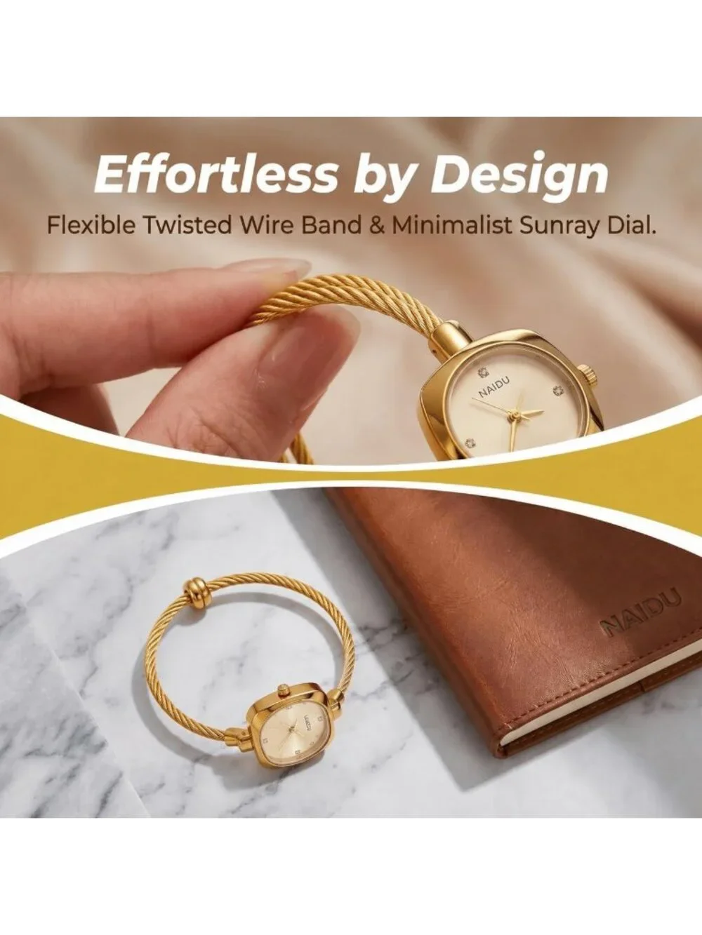 Women's Gold Crystal Accent Cable Wire Bangle Square Sunray Dial Wrist Watches